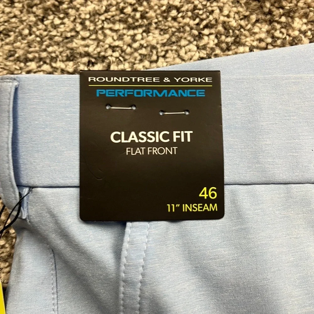 Roundtree Yorke Performance Shorts Mens 46 Flat Front Blue Classic Fit Casual